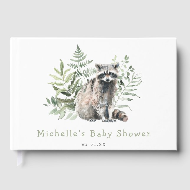 Woodland Watercolor Raccoon Baby Shower Guest Book (Front)
