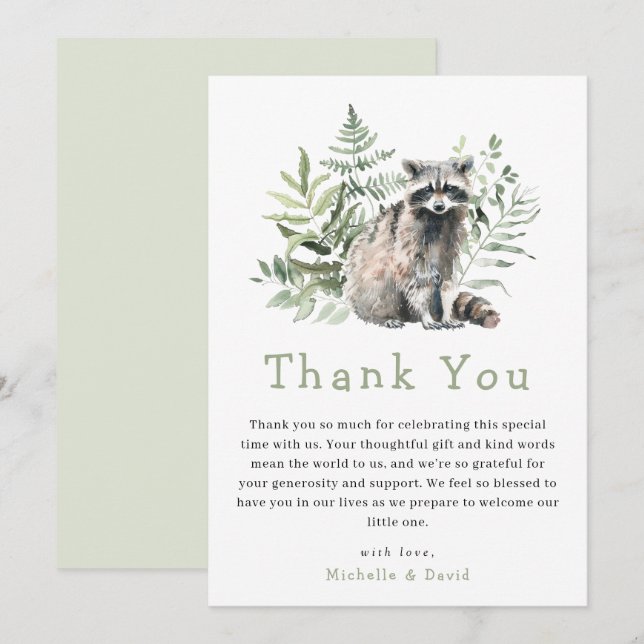 Woodland Watercolor Raccoon Baby Shower Thank You (Front/Back)