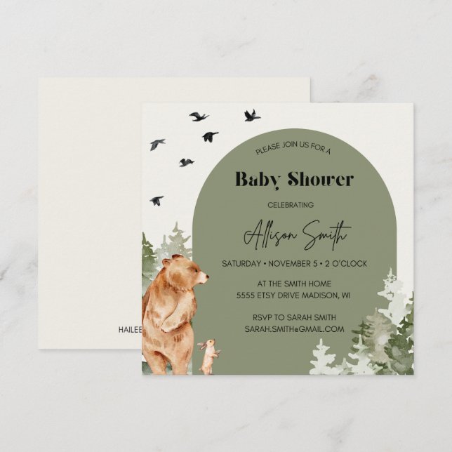 Woodland Watercolor Square Baby Shower Invites (Front/Back)
