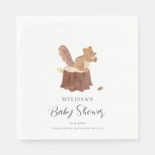 Woodland Watercolor Squirrel Fall Baby Shower Napkins