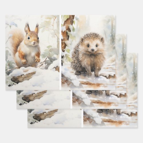 Woodland Watercolor Squirrel Hedgehog Winter Scene Wrapping Paper Sheets