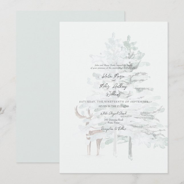 Woodland Watercolor Trees & Deer Wedding Invitation (Front/Back)