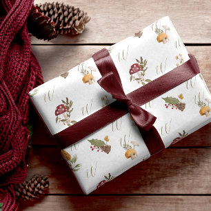Woodland Watercolor Woodsy Mushroom Monogram Wrapping Paper