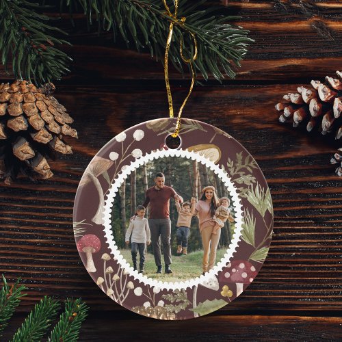 Woodland Watercolor Woodsy Mushrooms Family Photo Ceramic Ornament