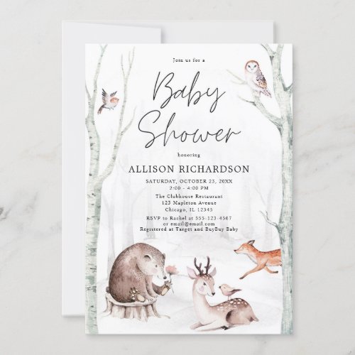 Woodland watercolors gender neutral baby shower invitation