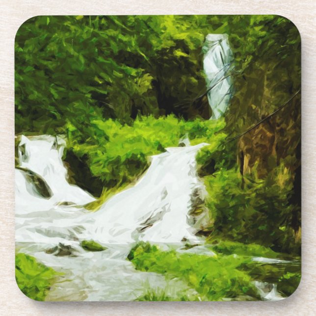 Woodland Waterfall in Summer Abstract Beverage Coaster (Front)