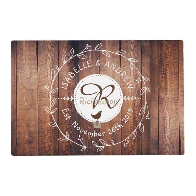 Woodland Wedding Monogram Wood Leaf Wreath Bird Placemat (Front)