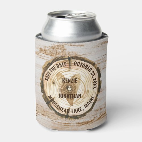 Woodland Wedding Save the Date Tree Ring Heart Can Cooler
