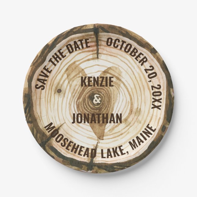 Woodland Wedding Save the Date Tree Ring Stump Paper Plates (Front)