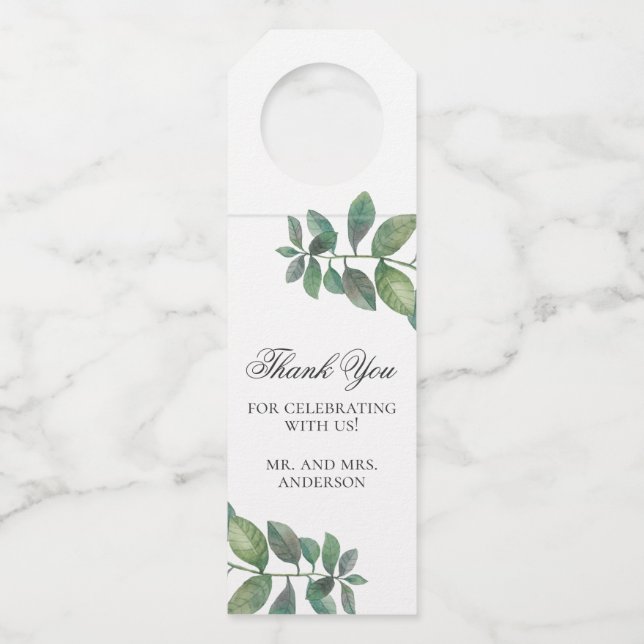 Woodland wedding thank you. Watercolor leaves Bottle Hanger Tag (Front)