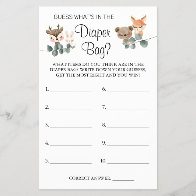 Woodland What is in the diaper bag game card Flyer (Front)
