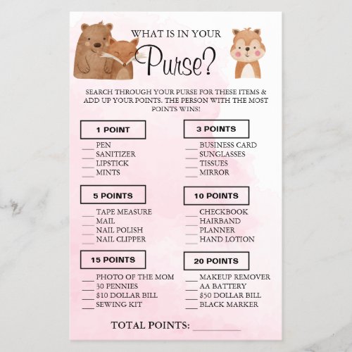 Woodland What is in your purse Shower game card Flyer