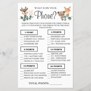 Woodland What is on your phone Shower game card Flyer