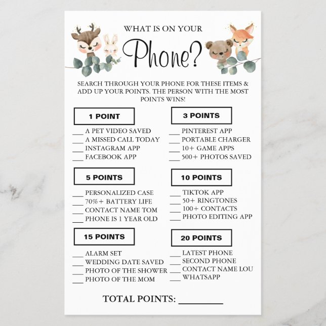 Woodland What is on your phone Shower game card Flyer (Front)