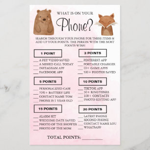 Woodland What is on your phone Shower game card Flyer