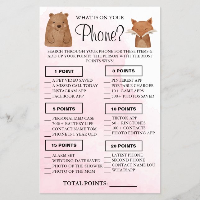Woodland What is on your phone Shower game card Flyer (Front)