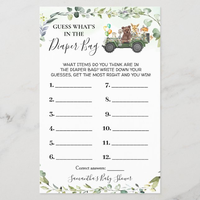Woodland What's in the Diaper Bag Shower Game card Flyer (Front)
