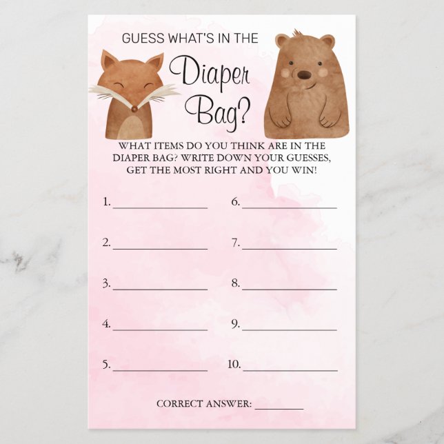Woodland Whats in the diaper bag shower game card Flyer (Front)