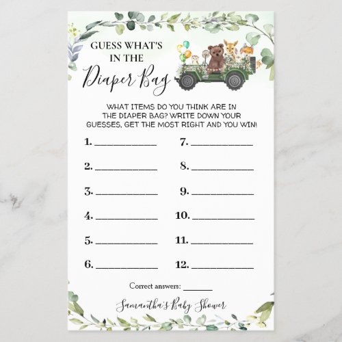 Woodland Whats in the Diaper Bag Shower Game card Flyer