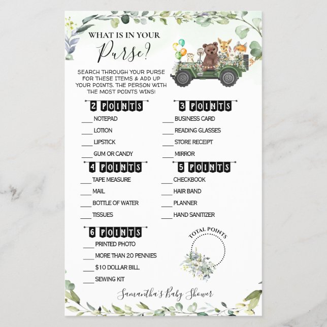 Woodland Whats in your Purse Baby Shower Game Card Flyer (Front)