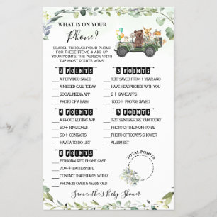 Woodland Whats on your Phone Baby Shower Game card Flyer