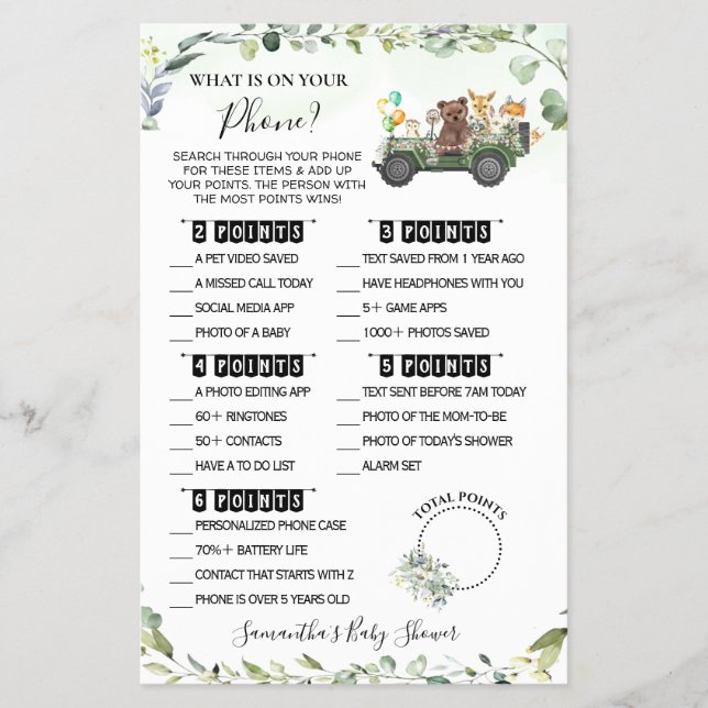 Woodland Whats on your Phone Baby Shower Game card Flyer (Front)