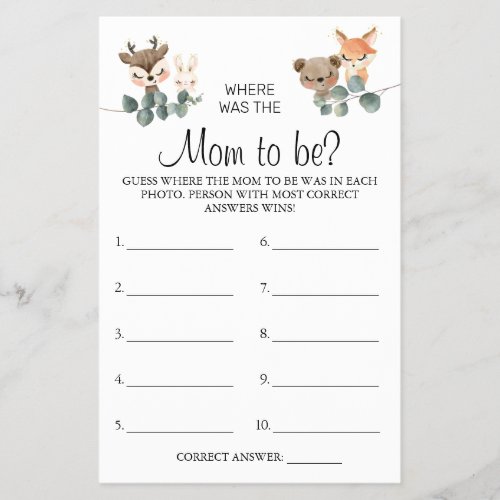 Woodland Where was She Baby shower game card Flyer