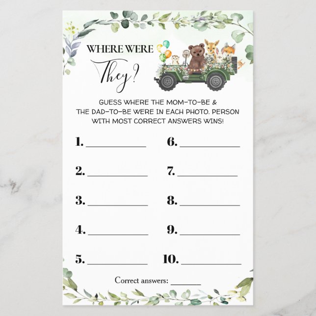 Woodland Where were They Baby Shower Game Card Flyer (Front)