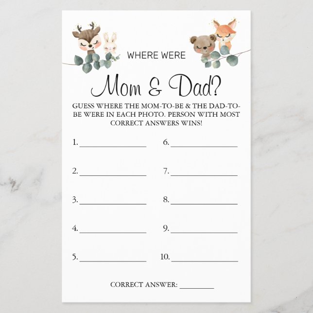 Woodland Where were They Baby shower game card Flyer (Front)