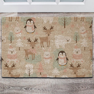 Woodland Whimsical Forest Animals Winter Fiber Doormat