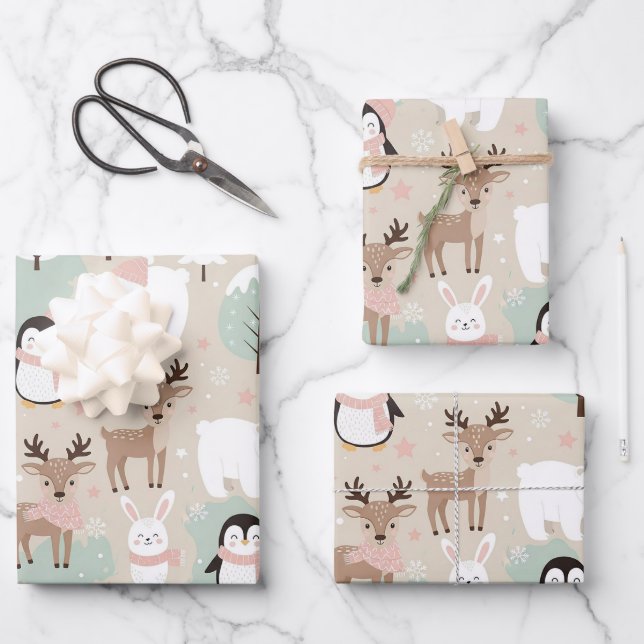 Woodland Whimsical Forest Animals Winter Wrapping Paper Sheets (Front)