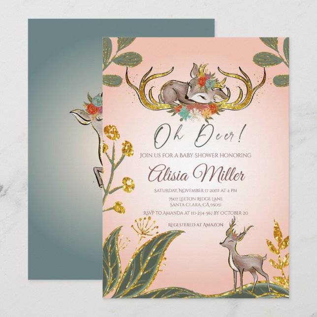 Woodland Whimsical Greenery Forest Animals Deer  Invitation (Front/Back)