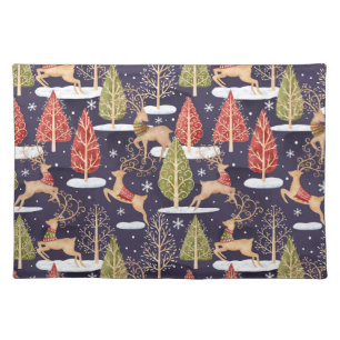 Woodland Whimsical Reindeers Winter Cloth Placemat