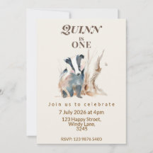Woodland Whispers Badger Birthday Invitation