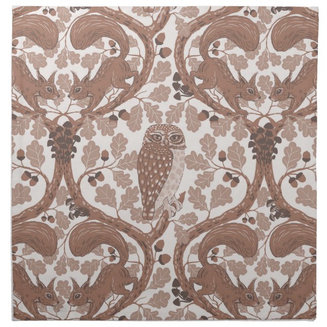 Woodland Whispers/Owls and Squirrels in the Oak/mo Cloth Napkin (Front)