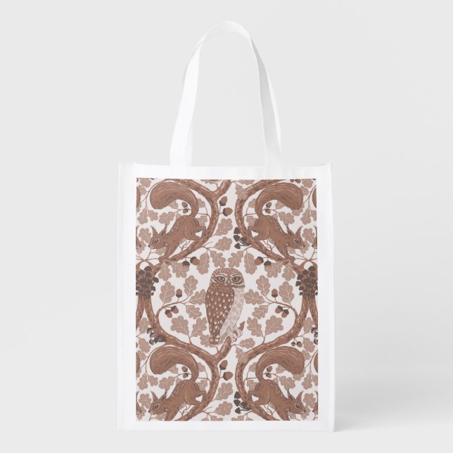 Woodland Whispers/Owls and Squirrels in the Oak/mo Grocery Bag (Front)