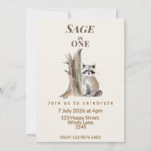 Woodland Whispers Raccoon Birthday Invitation