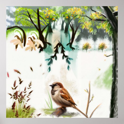 Woodland Whispers The Serene Sparrows Sanctuary Poster