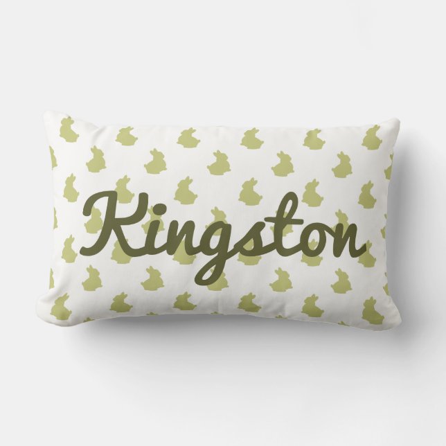 Woodland White and Olive Bunny Nursery Lumbar Pillow (Front)