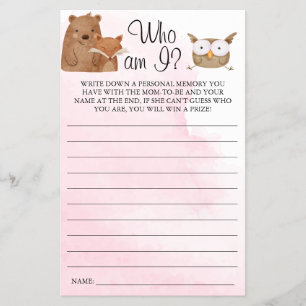 Woodland Who am I Baby shower game card Flyer