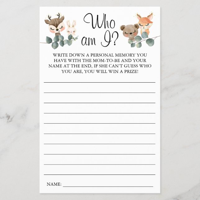 Woodland Who am I Baby Shower game card Flyer (Front)