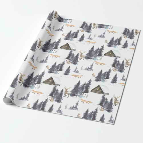 Woodland Wild Animals in Winter Forest Pattern Wrapping Paper