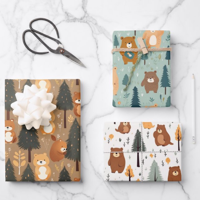 Woodland Wild Bears Wrapping Paper Sheets (Front)