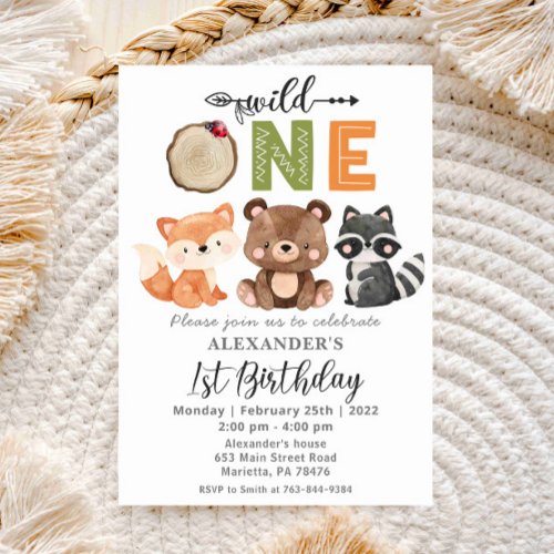 Woodland Wild One Bear Birthday Party Invitation