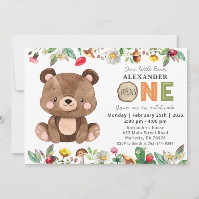 Woodland Wild One Bear Birthday Party Invitation (Front)