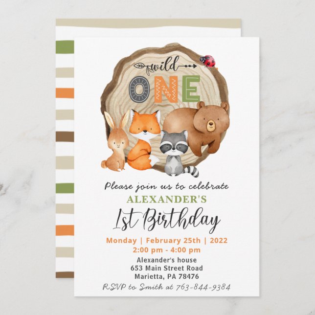 Woodland Wild One Bear Fox Raccoon 1st Birthday Invitation (Front/Back)