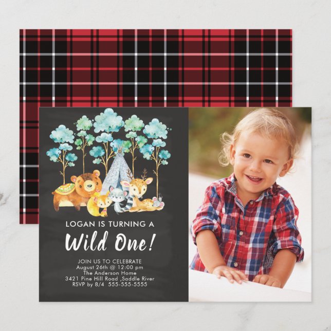 Woodland Wild One Birthday Invitation (Front/Back)