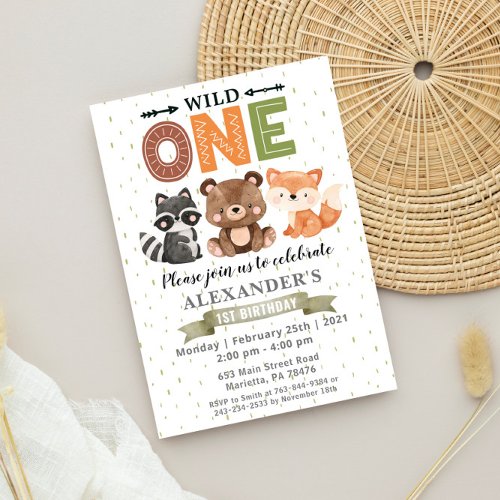 Woodland Wild One Birthday Party Invitation