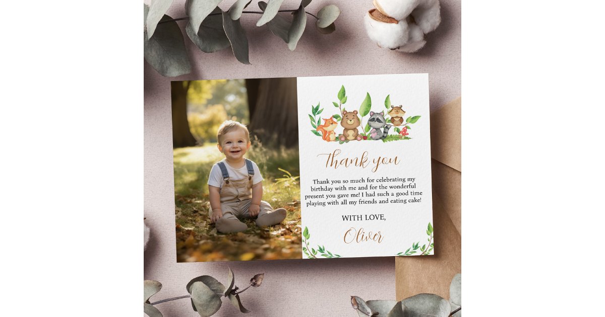 Woodland Wild One Birthday Photo Thank You Card | Zazzle