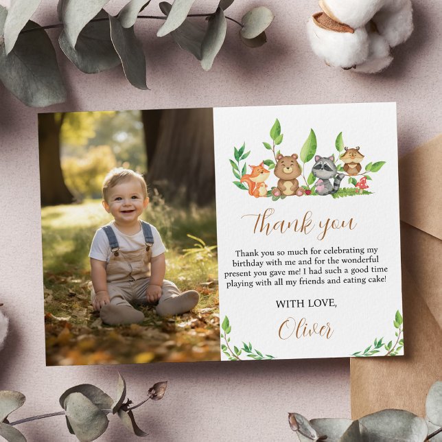 Woodland Wild One Birthday Photo Thank You Card (Creator Uploaded)